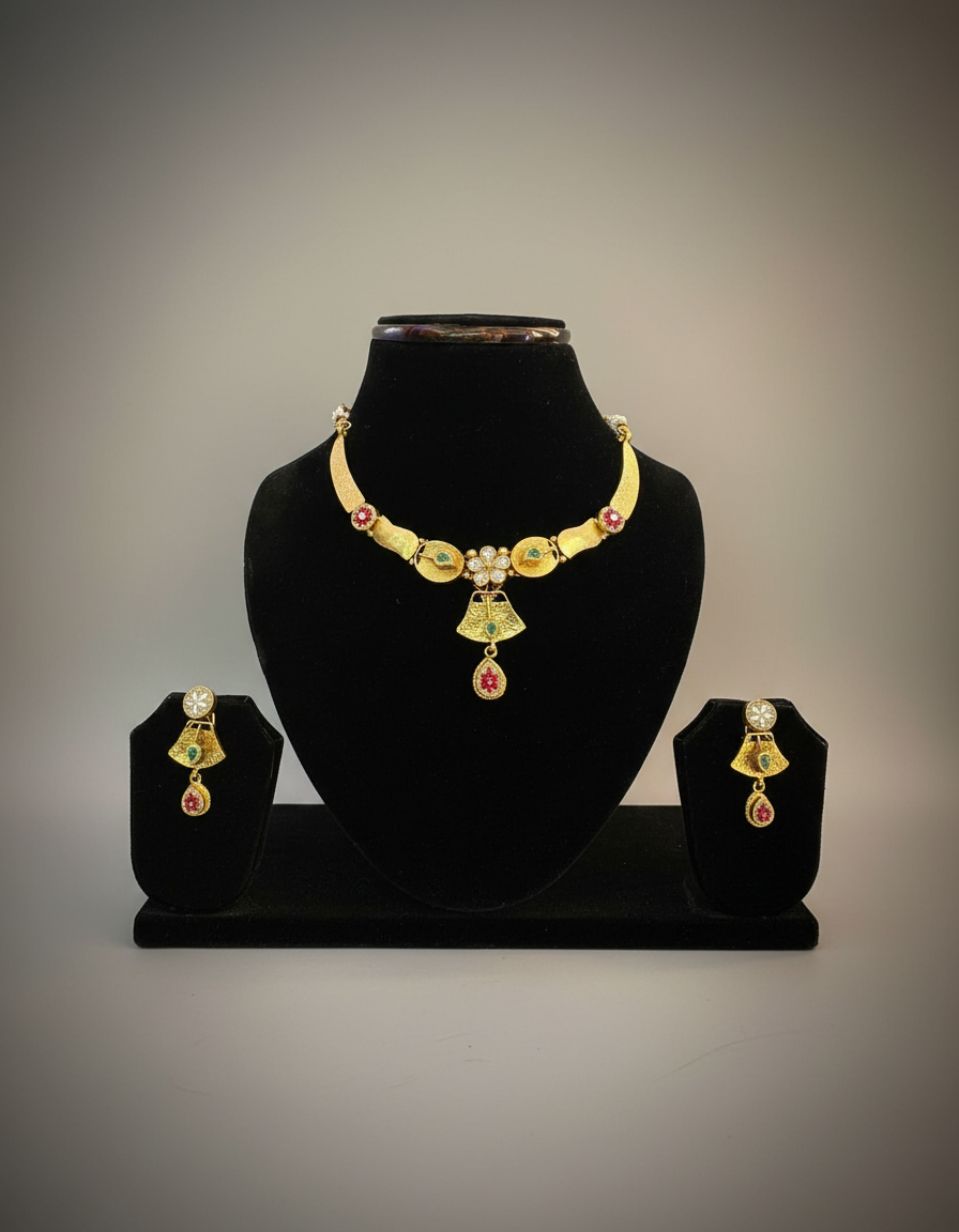 Meher Kundan Bell Necklace Set in gold-plated 925 silver with ruby and emerald