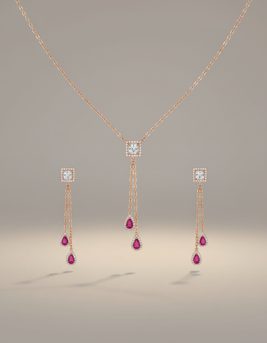 Elisha Ruby Drop Lariat Set in rose-gold-plated 925 silver