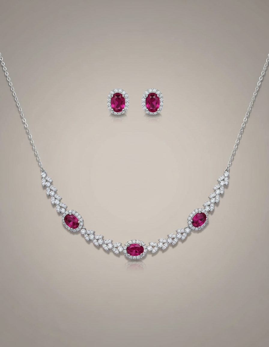 Serene Ruby Halo Necklace Set in 925 silver