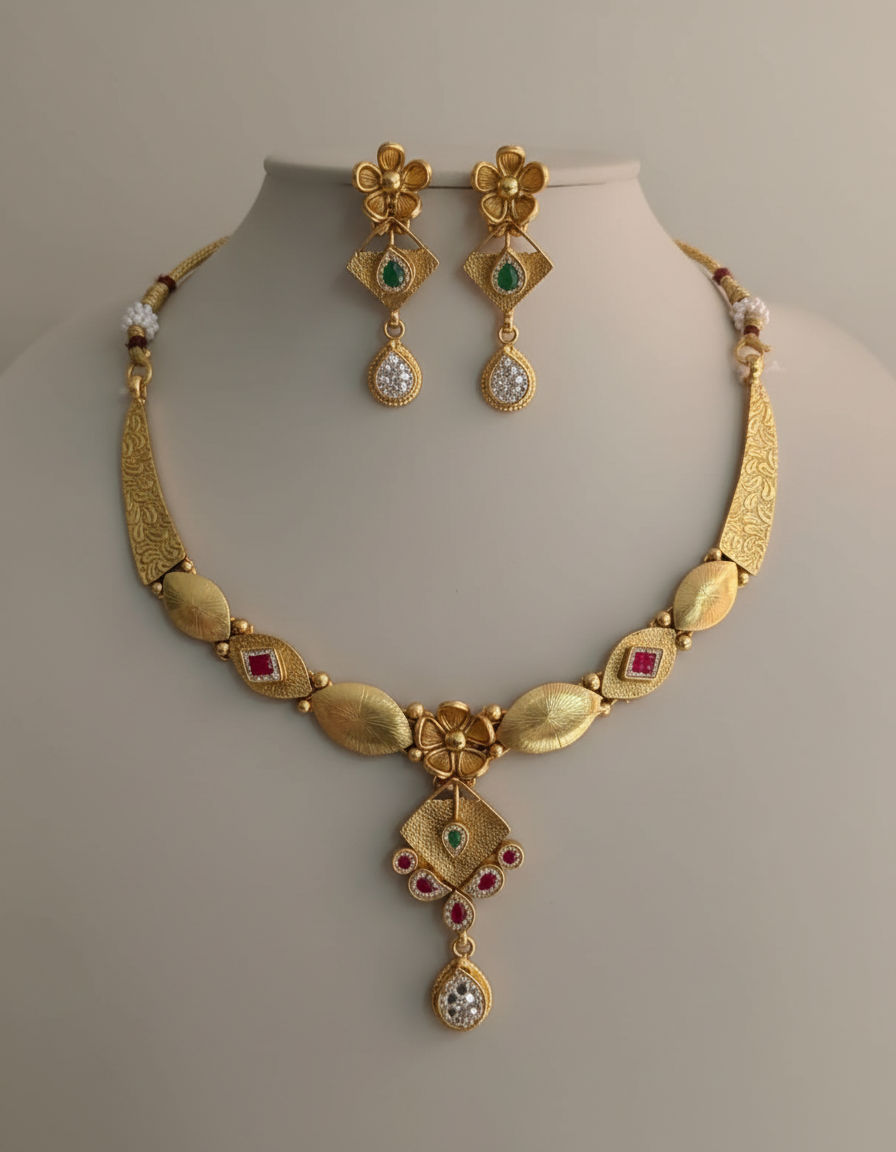 Devika Floral Kundan Necklace Set in gold-plated 925 silver with emerald
