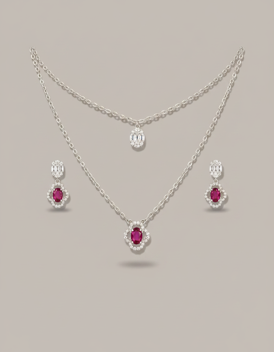 Noor Layered Pendant Necklace Set in 925 silver with ruby and cubic zirconia