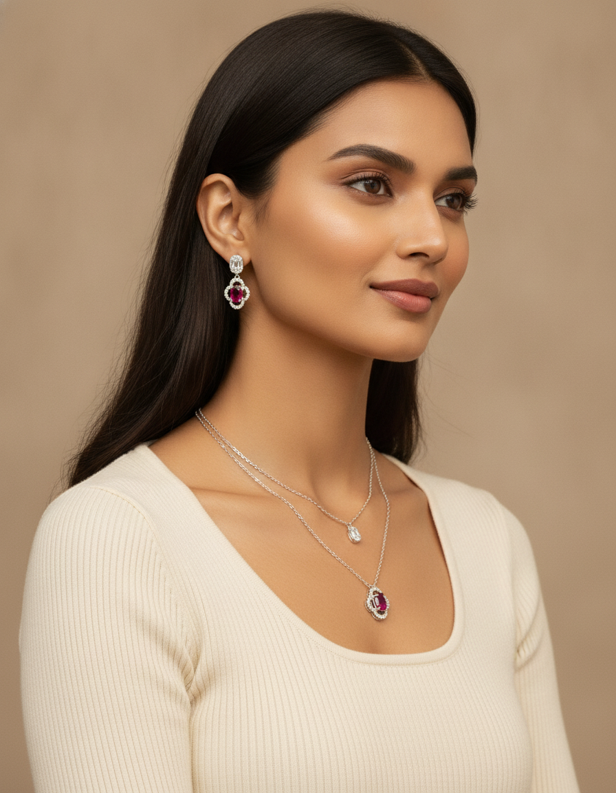 Model wearing the Noor layered necklace and drop earrings